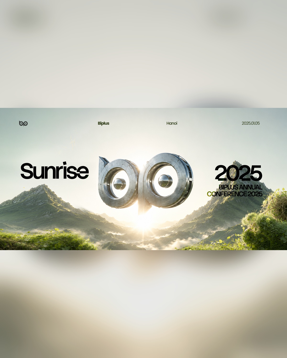 Sunrise wordmark over mountain terrain, Biplus Annual Conference 2025