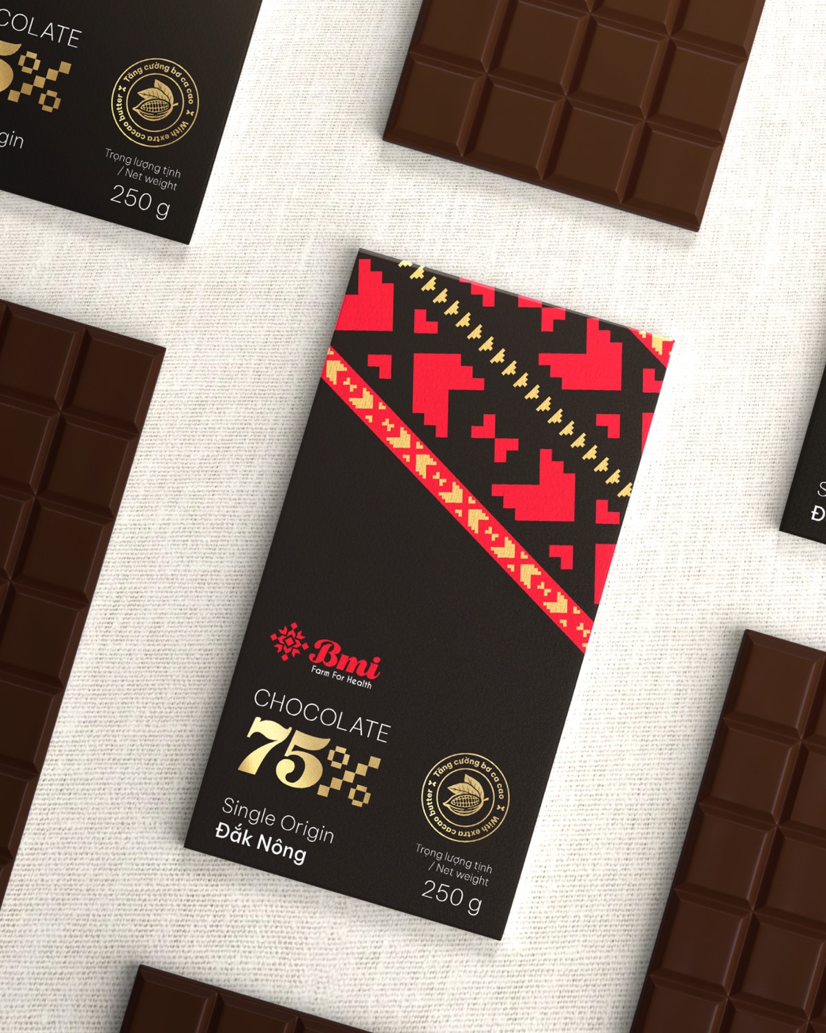 BMI Chocolate 75% bars, flat lay with cacao