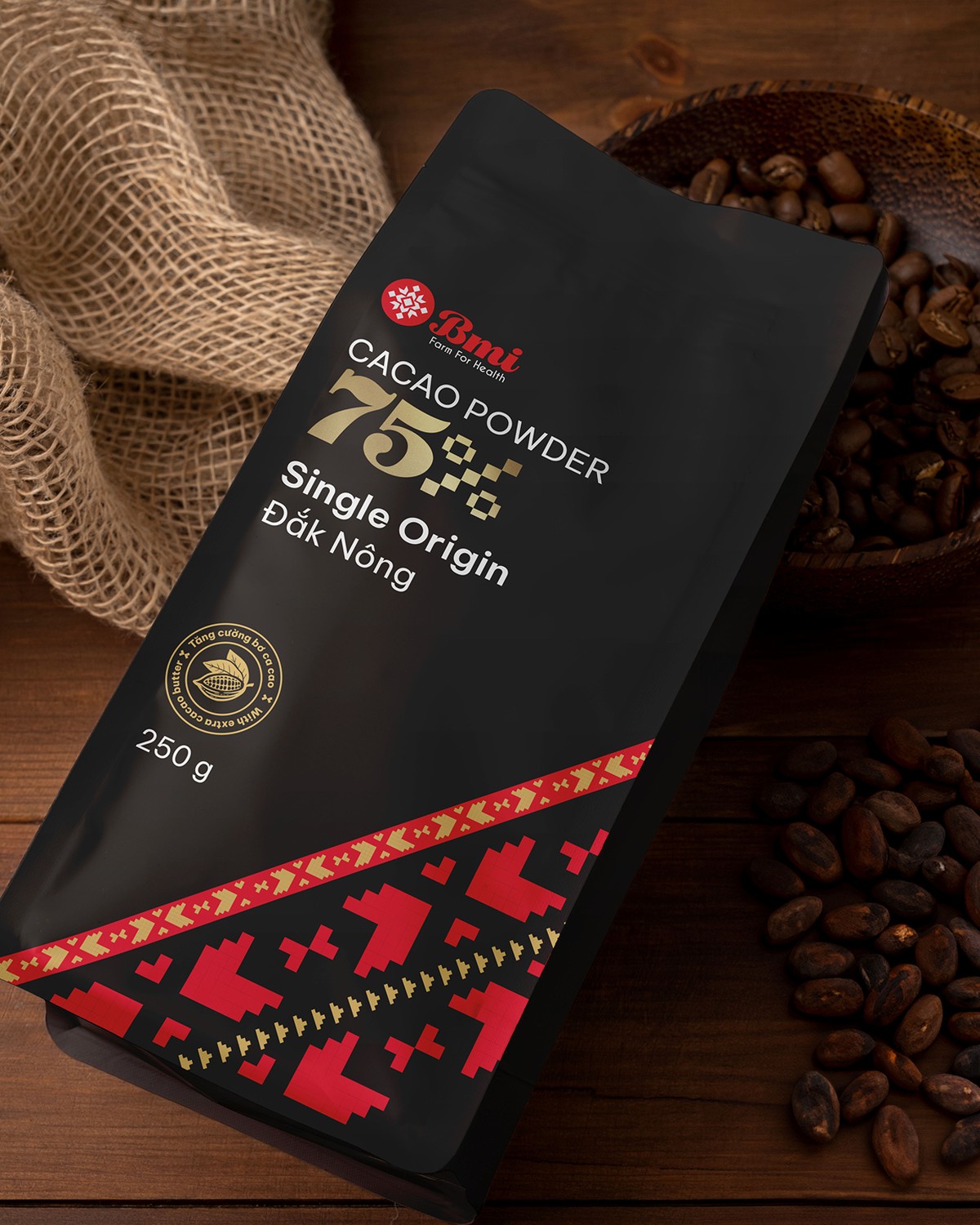 BMI single-origin cacao powder packaging