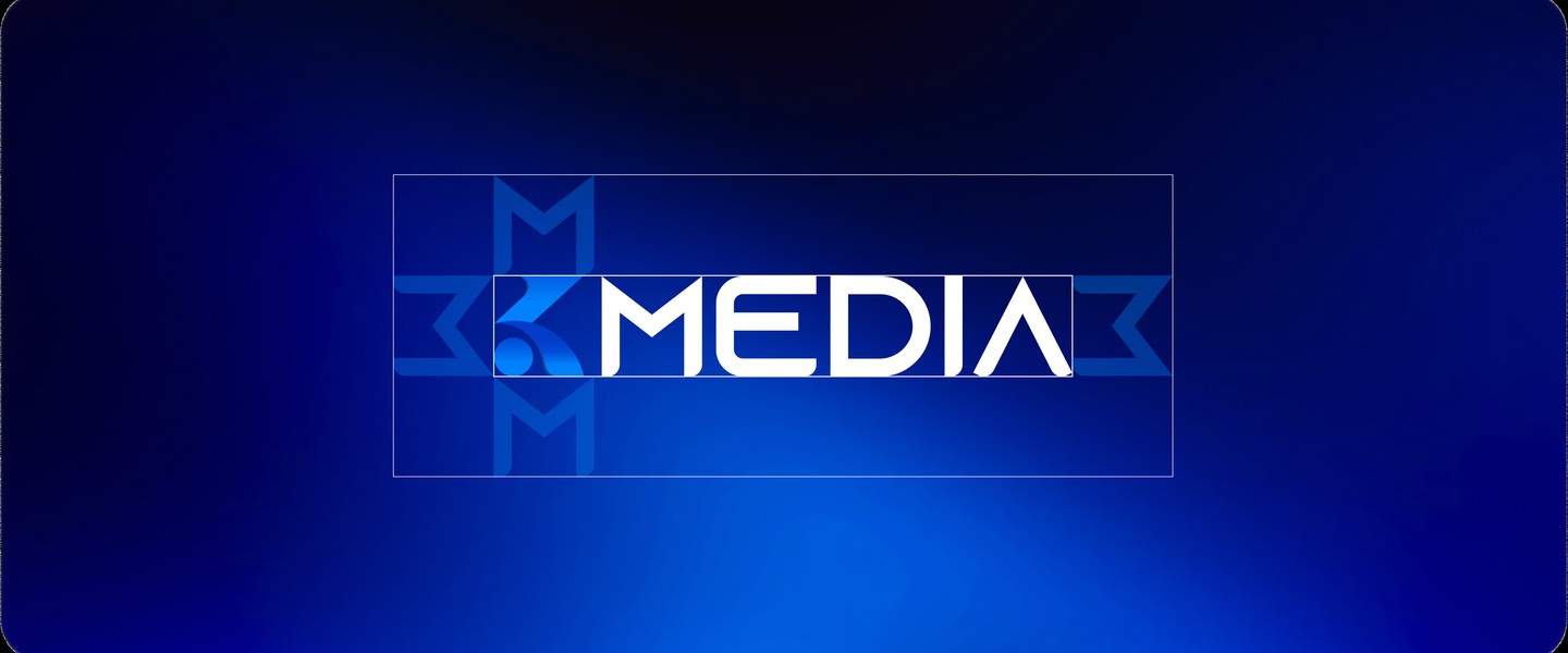KMEDIA — logo construction on gradient blue