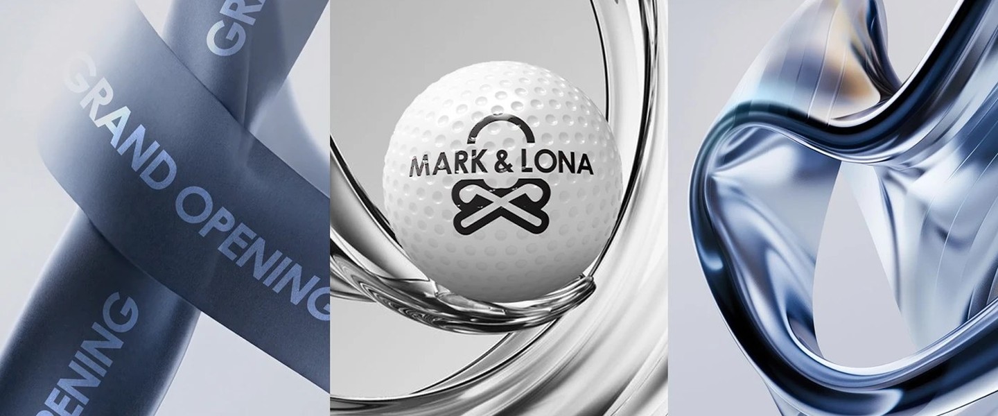 MARK & LONA key visual — ribbon, golf ball, and liquid chrome renders