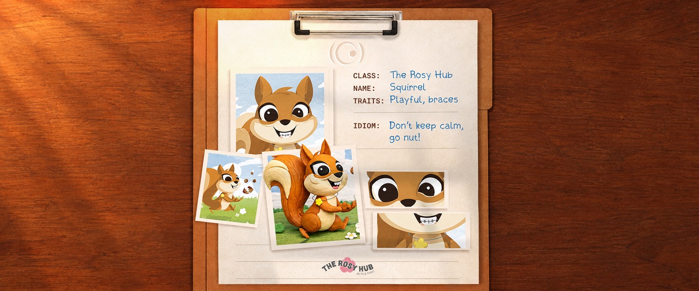 Brand mascot badge — The Rosy Hub squirrel character card