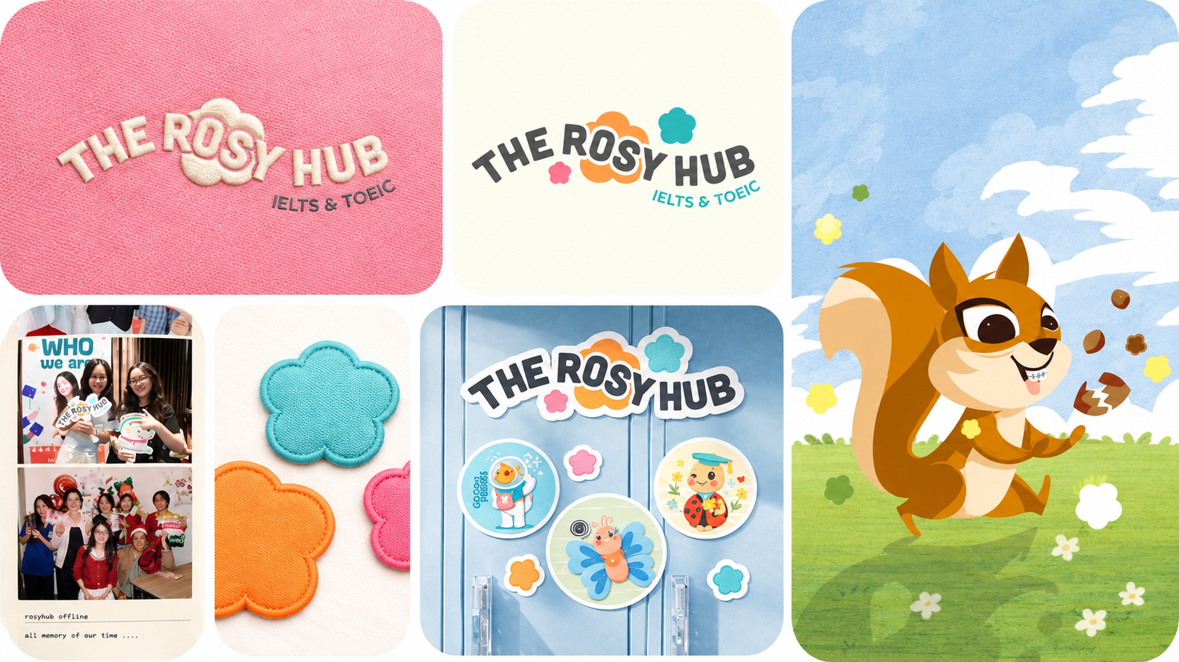 The Rosy Hub brand collage — embroidered logo patches, badge-collecting squirrel mascot, felt flower pins and locker stickers