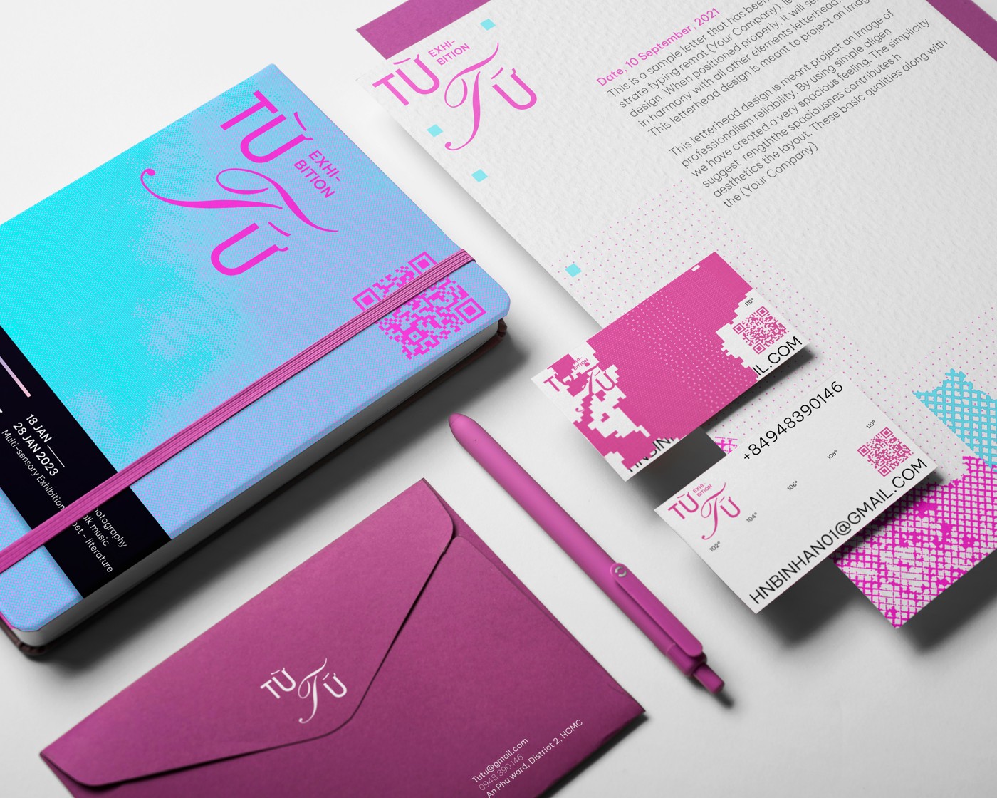 TỪ TỨ exhibition stationery and collateral flat lay