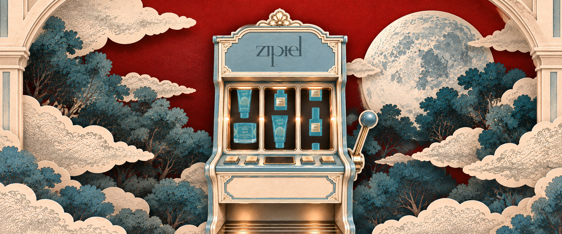Zipiel Art Deco slot-machine motif in cyan and gold, full card image